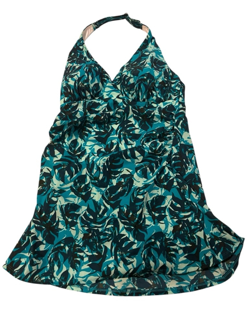 L.L. BEAN Teal Green Halter Swimdress UPF 50 Botanical Leaf Print Size 12 NEW